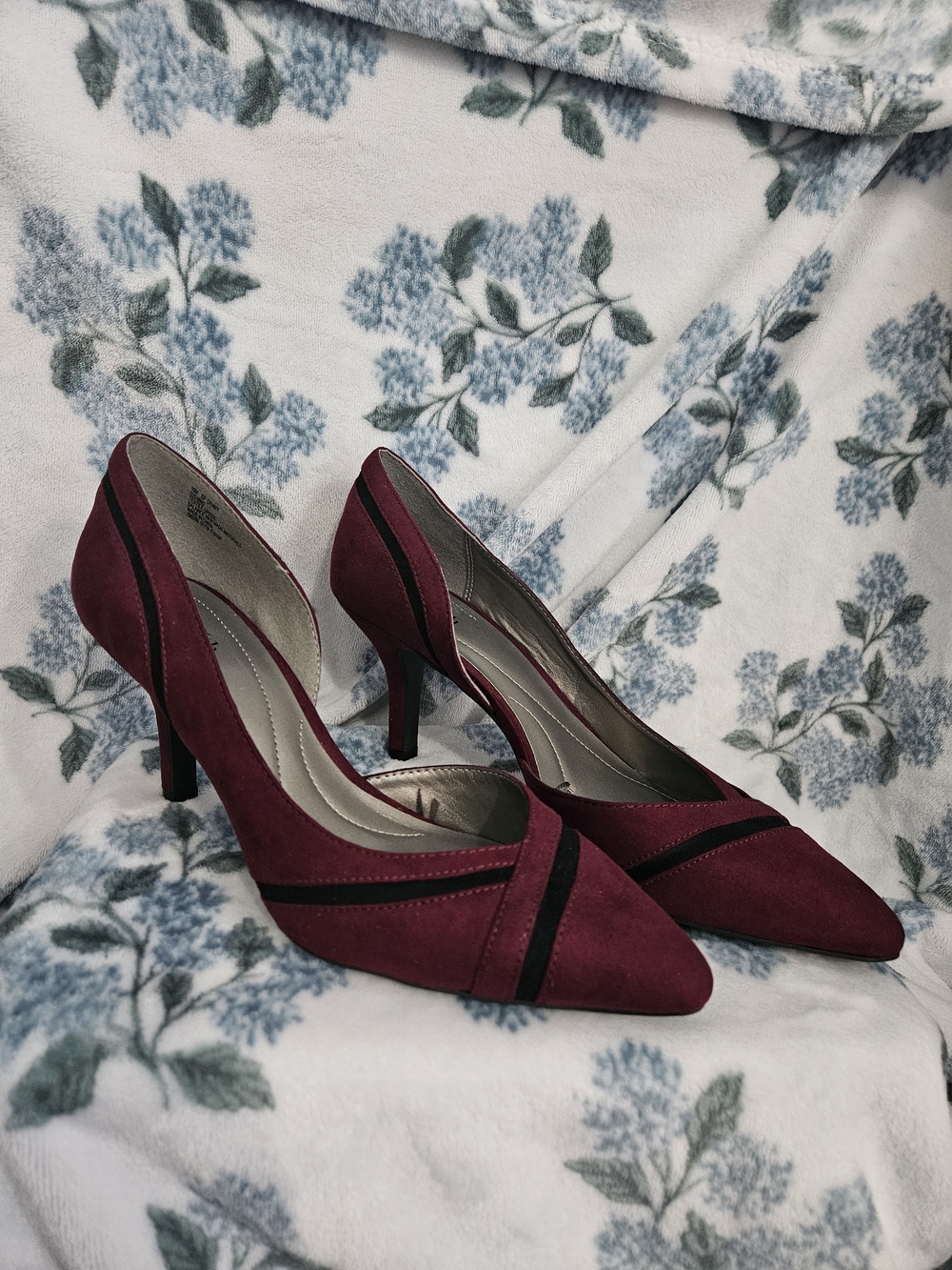 East 5th Burgundy Suede Pointed-Toe Heels with Black Trim